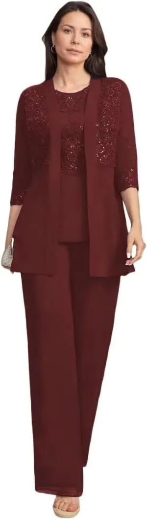 3 Pieces Mother of The Bride Pant Suits for Wedding Chiffon Dressy Pantsuits for Women Evening Party with Jacket