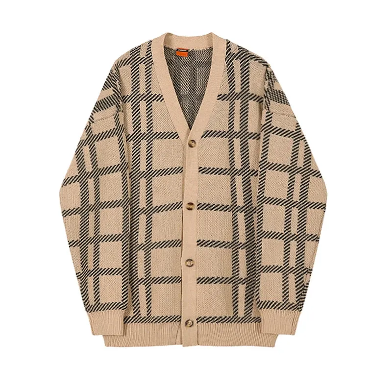 ADVBRIDGE Men's Spring Autumn New Sweater Loose V-neck Coats Male Single-breasted Knitted Outwear Men Plaid Cardigan Coats V100