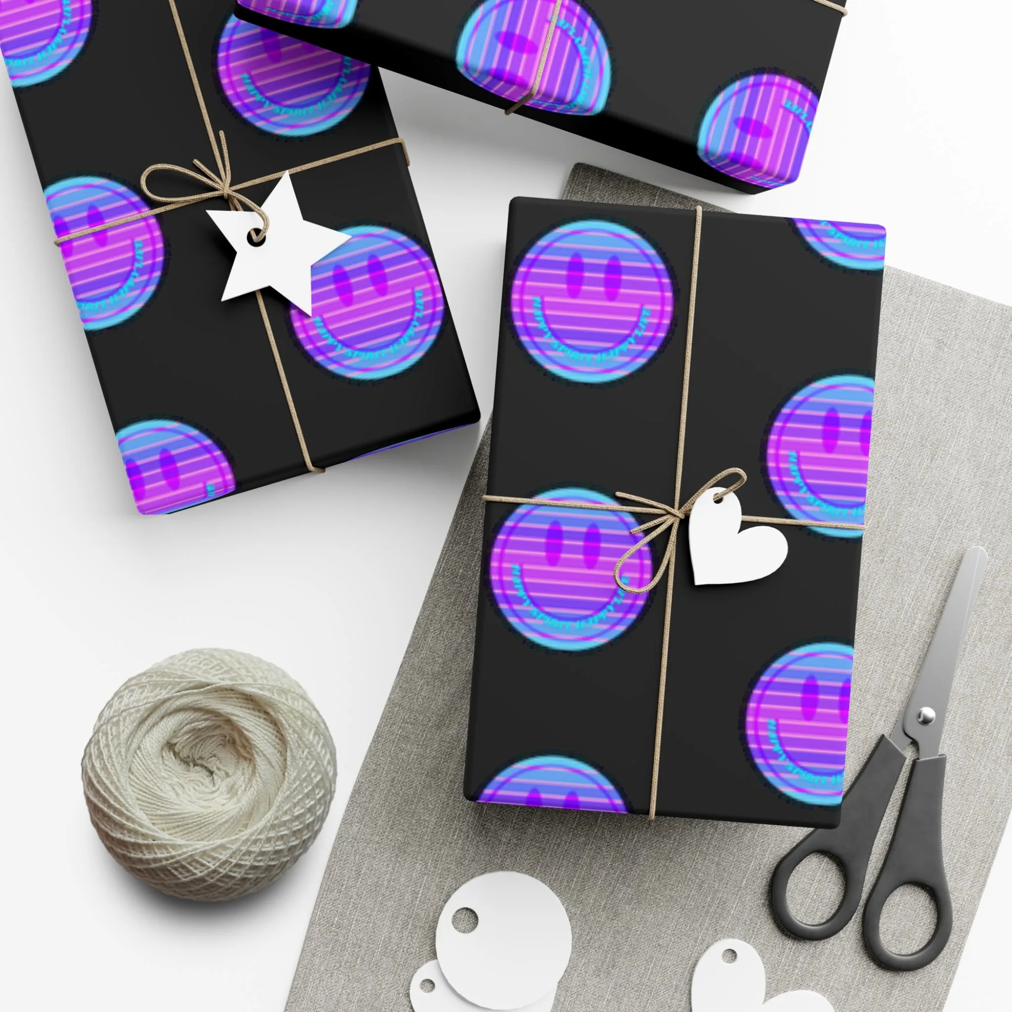 Aesthetic Gift Wrap Paper, Pink Smile Face Gift Wrap Paper, Blue Purple Smile Wrapping Paper, Pastel Christmas Paper, Black Purple Holiday