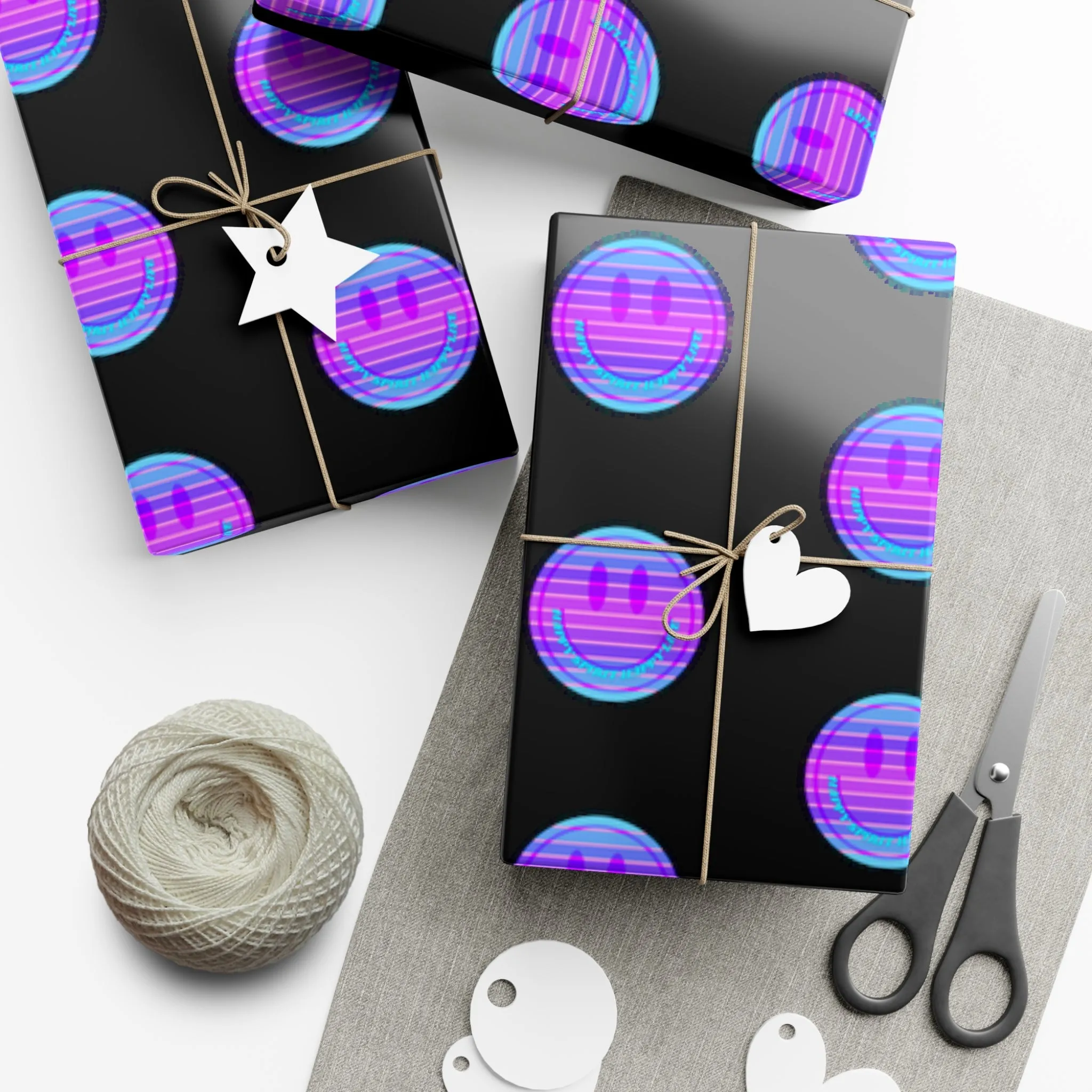 Aesthetic Gift Wrap Paper, Pink Smile Face Gift Wrap Paper, Blue Purple Smile Wrapping Paper, Pastel Christmas Paper, Black Purple Holiday