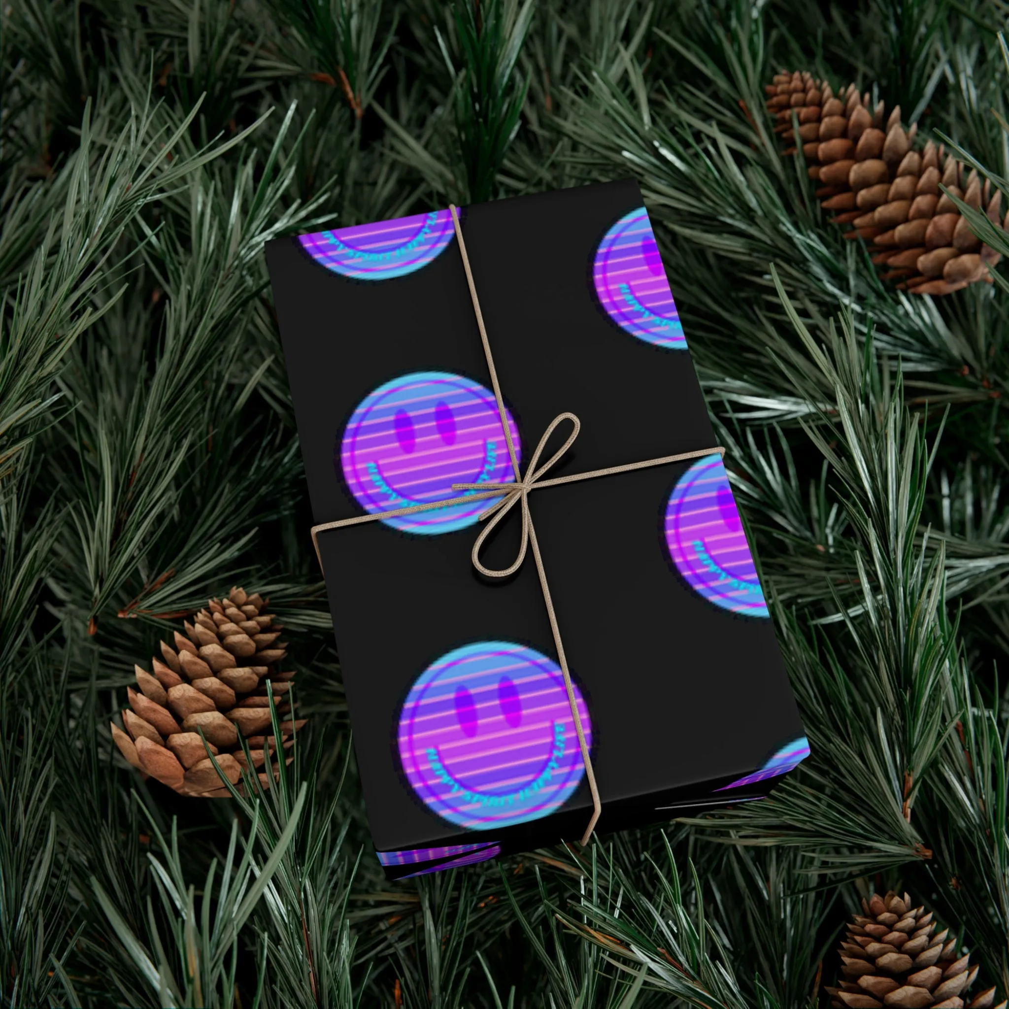Aesthetic Gift Wrap Paper, Pink Smile Face Gift Wrap Paper, Blue Purple Smile Wrapping Paper, Pastel Christmas Paper, Black Purple Holiday
