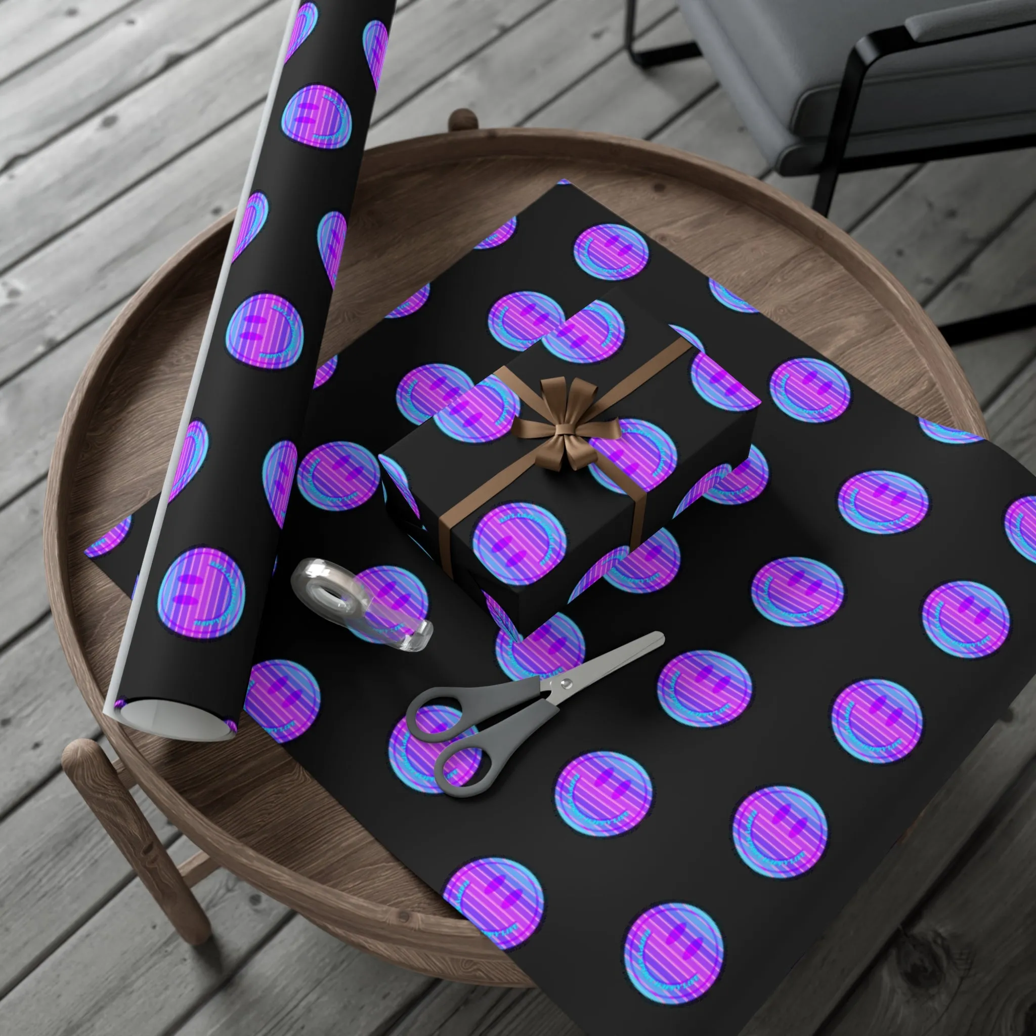 Aesthetic Gift Wrap Paper, Pink Smile Face Gift Wrap Paper, Blue Purple Smile Wrapping Paper, Pastel Christmas Paper, Black Purple Holiday