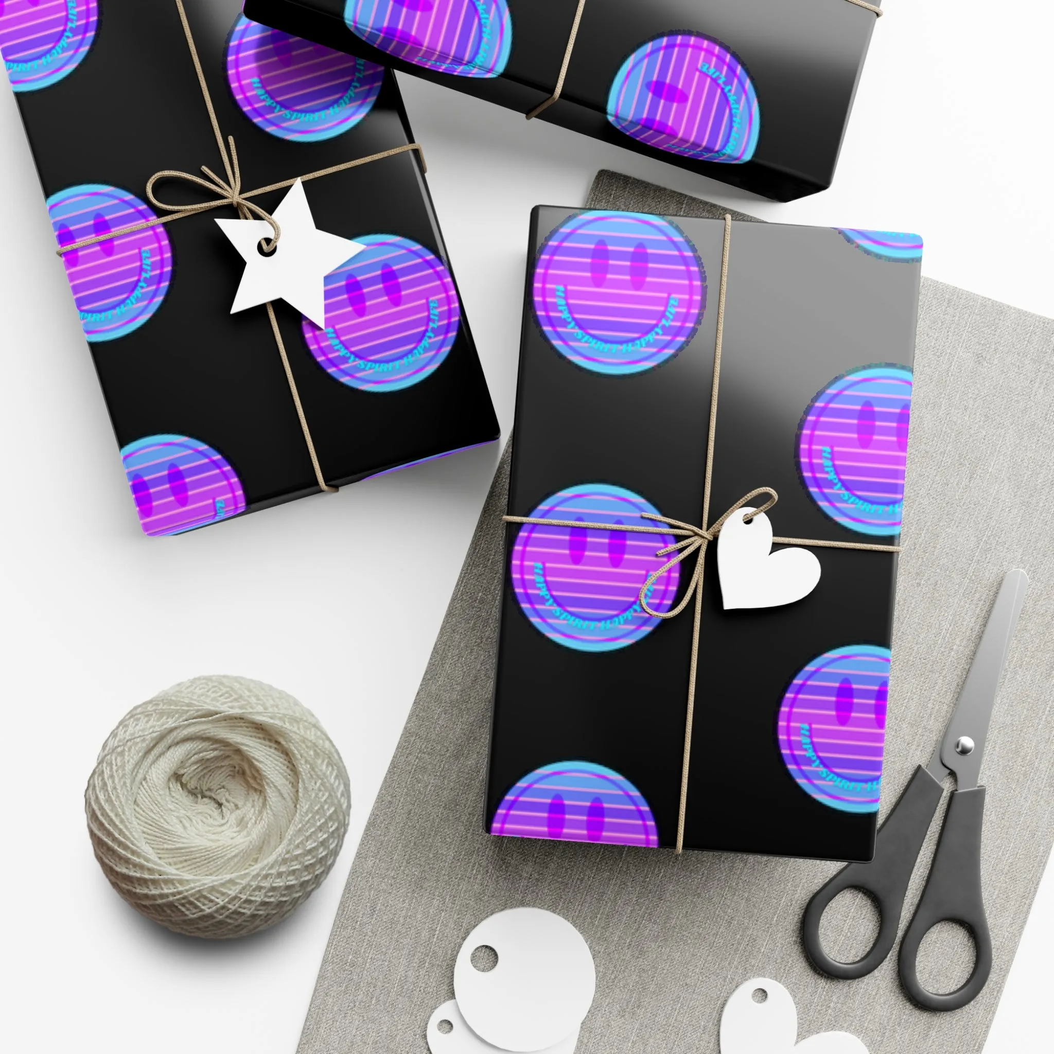 Aesthetic Gift Wrap Paper, Pink Smile Face Gift Wrap Paper, Blue Purple Smile Wrapping Paper, Pastel Christmas Paper, Black Purple Holiday