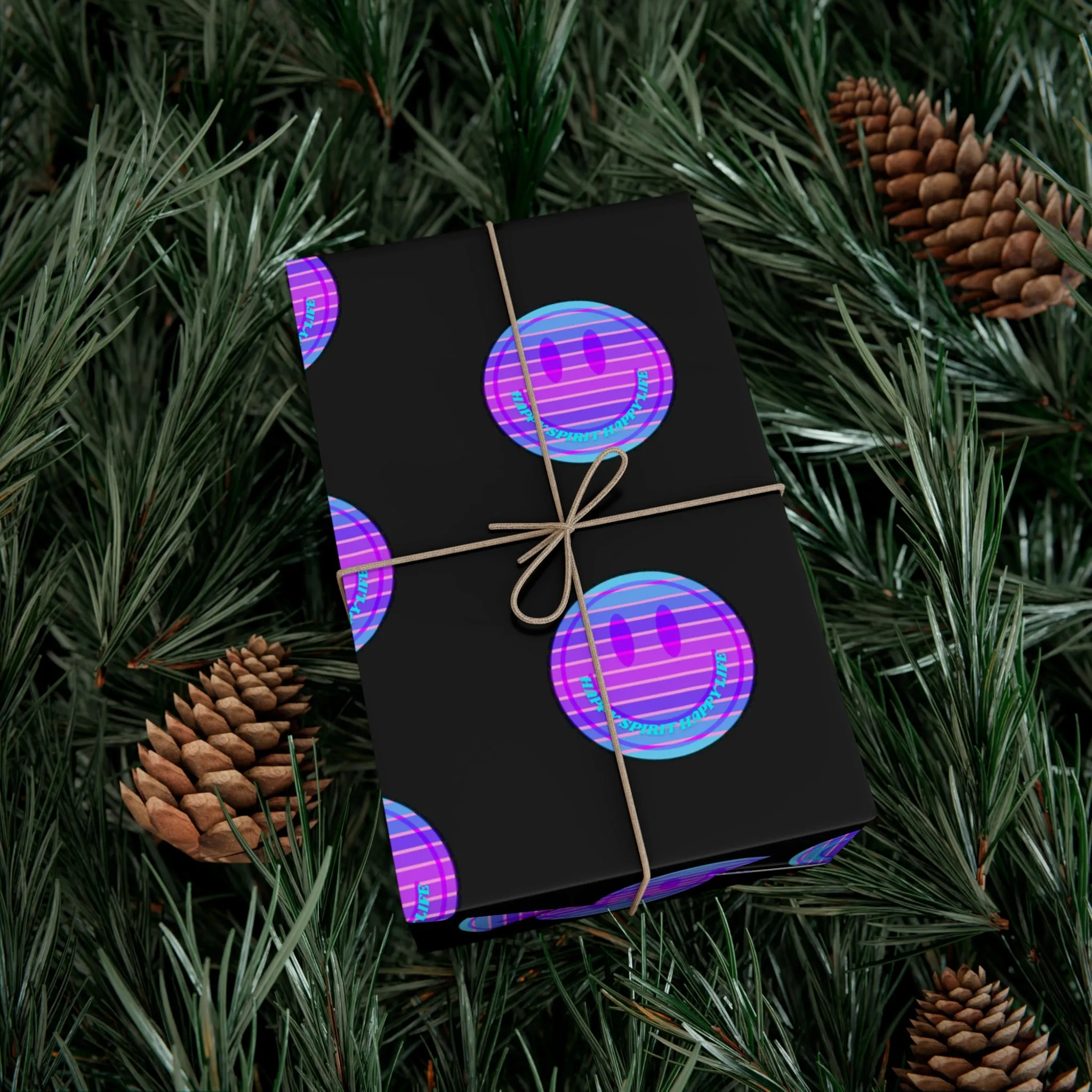 Aesthetic Gift Wrap Paper, Pink Smile Face Gift Wrap Paper, Blue Purple Smile Wrapping Paper, Pastel Christmas Paper, Black Purple Holiday