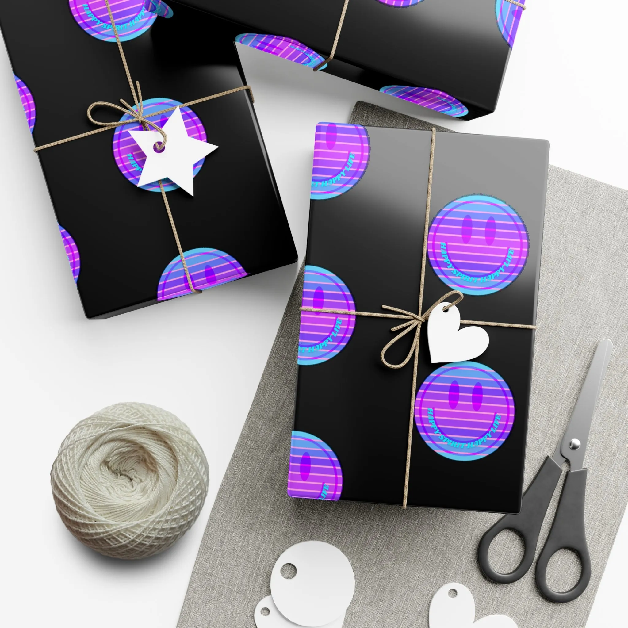 Aesthetic Gift Wrap Paper, Pink Smile Face Gift Wrap Paper, Blue Purple Smile Wrapping Paper, Pastel Christmas Paper, Black Purple Holiday
