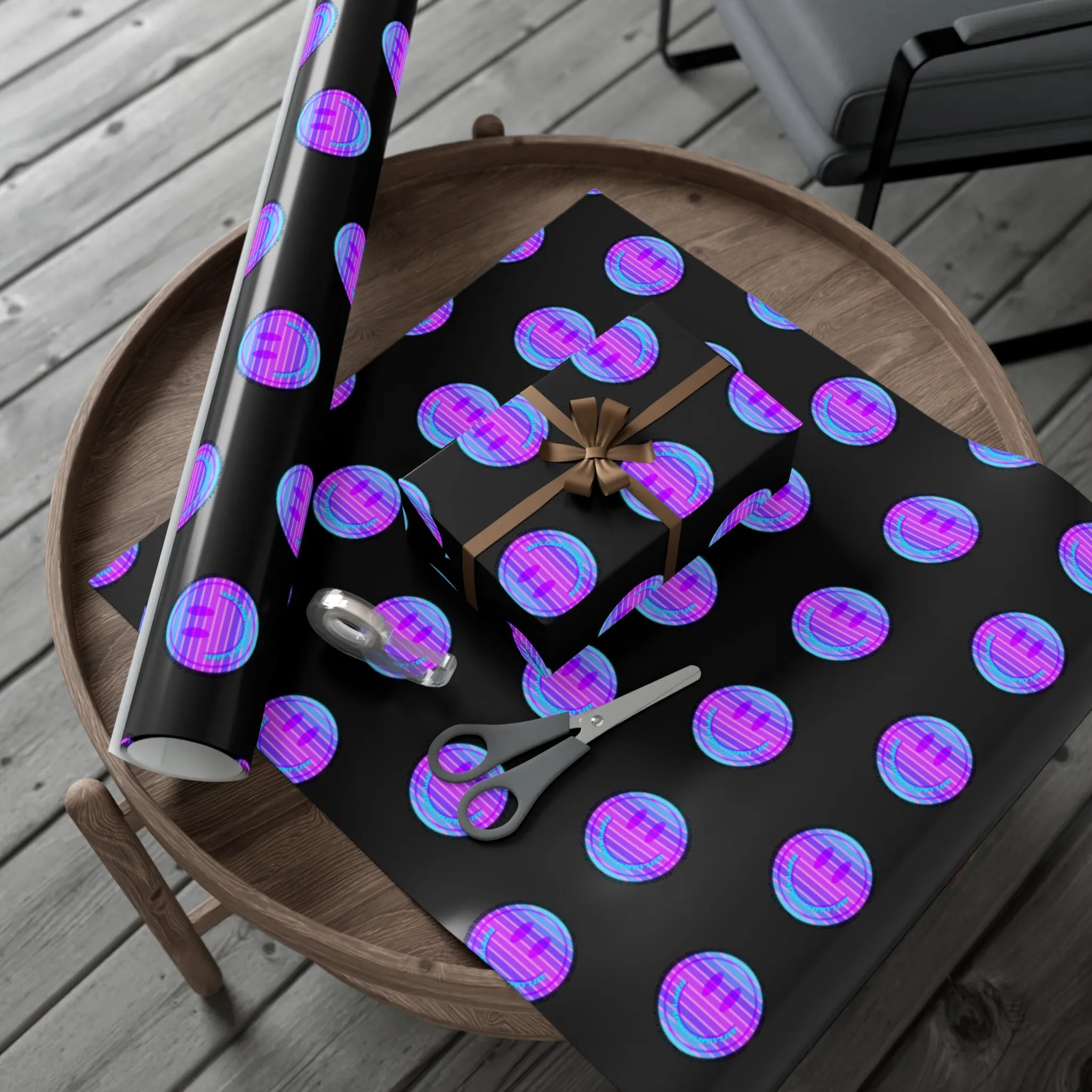 Aesthetic Gift Wrap Paper, Pink Smile Face Gift Wrap Paper, Blue Purple Smile Wrapping Paper, Pastel Christmas Paper, Black Purple Holiday