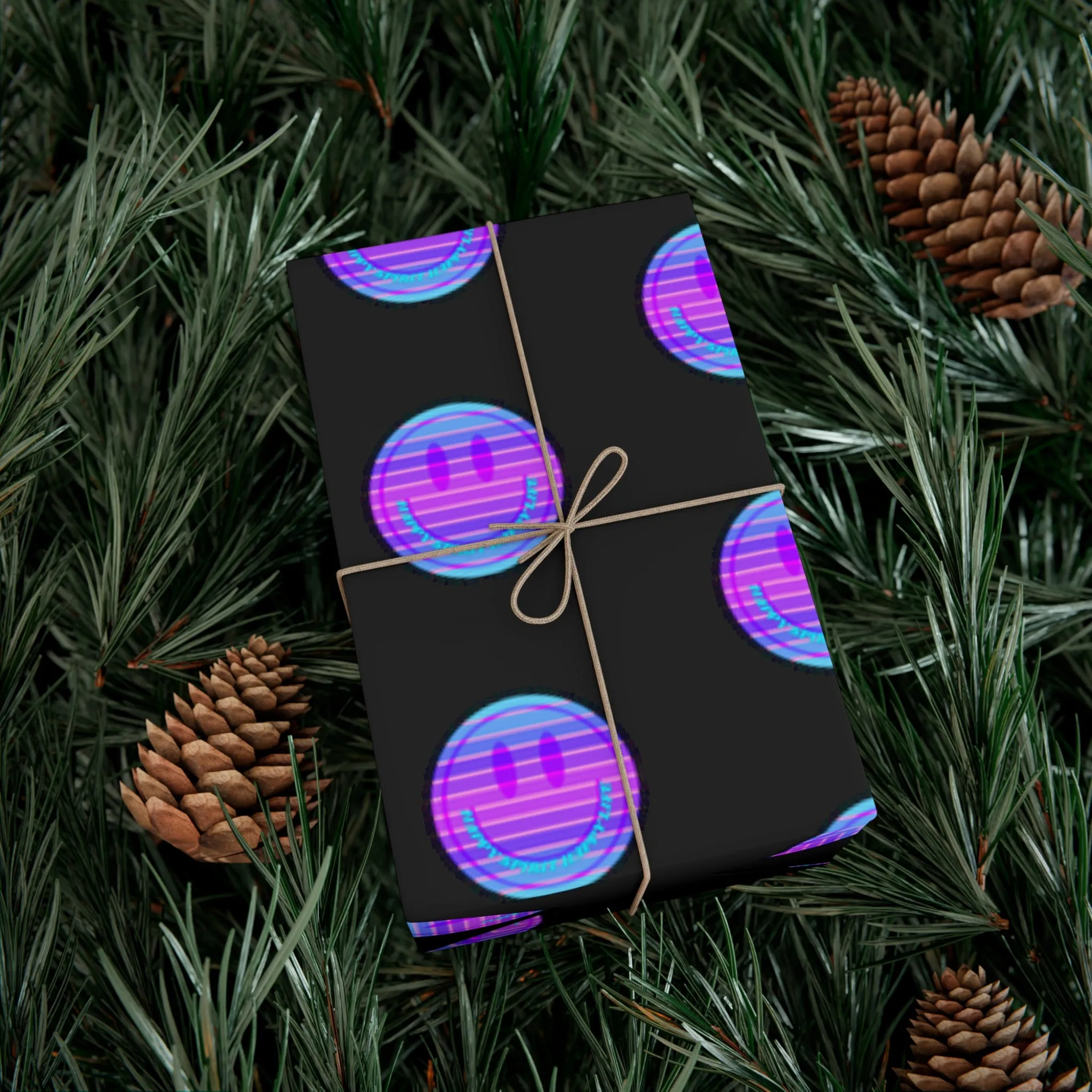 Aesthetic Gift Wrap Paper, Pink Smile Face Gift Wrap Paper, Blue Purple Smile Wrapping Paper, Pastel Christmas Paper, Black Purple Holiday