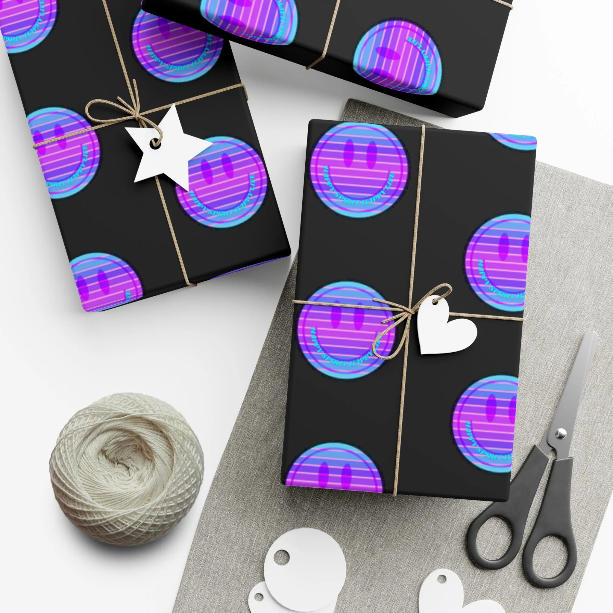 Aesthetic Gift Wrap Paper, Pink Smile Face Gift Wrap Paper, Blue Purple Smile Wrapping Paper, Pastel Christmas Paper, Black Purple Holiday