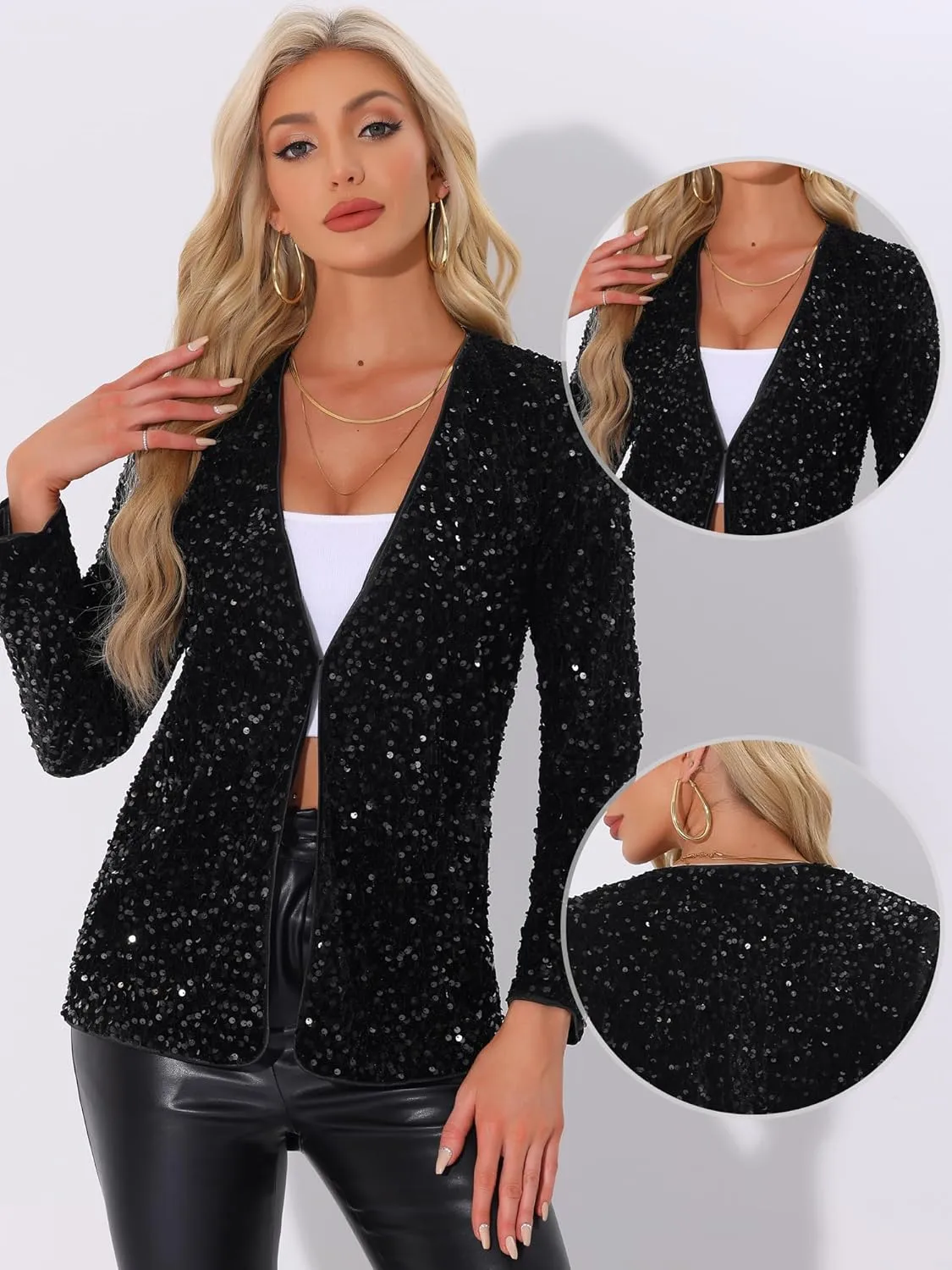 Allegra K Halloween Costumes Sequin Blazer Jacket for Women's Fall Winter Sparkly Open Front Cardigan