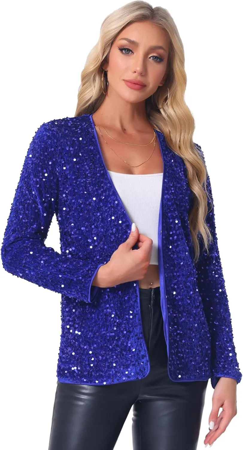 Allegra K Halloween Costumes Sequin Blazer Jacket for Women's Fall Winter Sparkly Open Front Cardigan