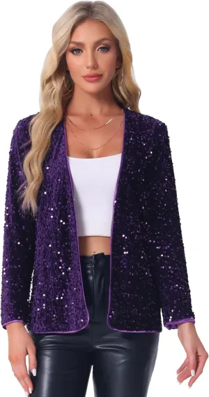 Allegra K Halloween Costumes Sequin Blazer Jacket for Women's Fall Winter Sparkly Open Front Cardigan