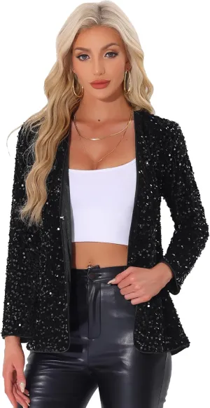 Allegra K Halloween Costumes Sequin Blazer Jacket for Women's Fall Winter Sparkly Open Front Cardigan