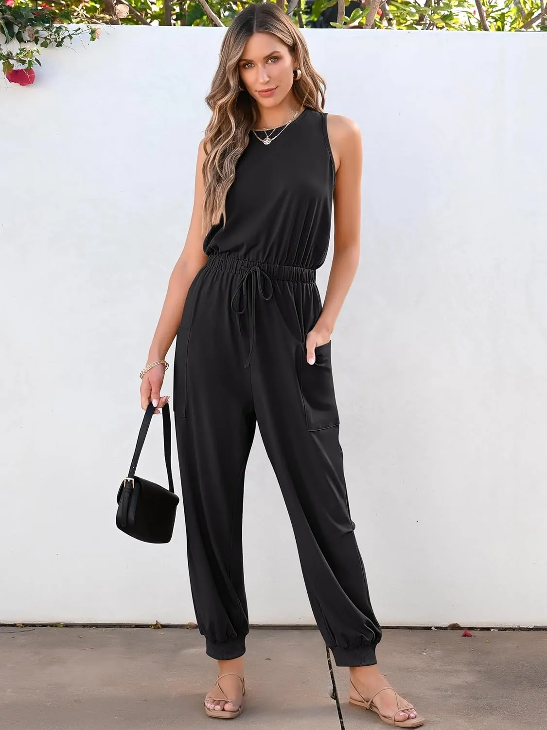 ANRABESS Women's Summer Jumpsuits Dressy Casual One Piece Outfits Sleeveless Crewneck Rompers Jumper with Pockets 2025 Trendy