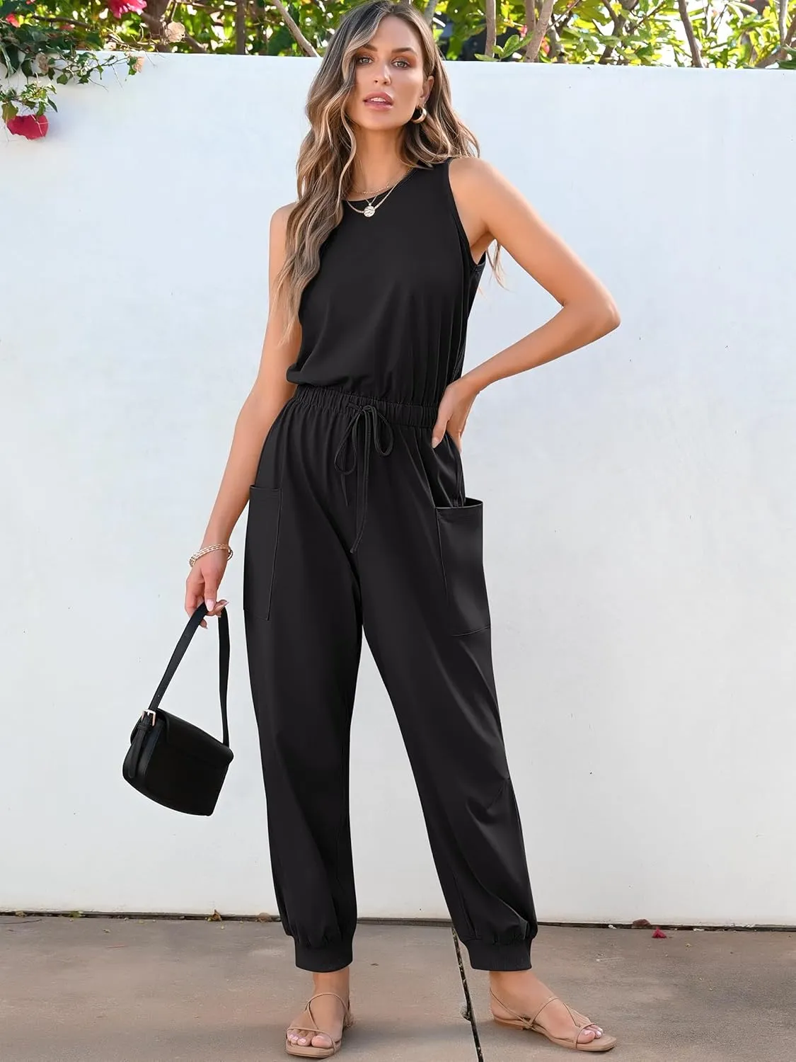 ANRABESS Women's Summer Jumpsuits Dressy Casual One Piece Outfits Sleeveless Crewneck Rompers Jumper with Pockets 2025 Trendy
