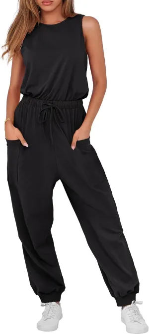 ANRABESS Women's Summer Jumpsuits Dressy Casual One Piece Outfits Sleeveless Crewneck Rompers Jumper with Pockets 2025 Trendy