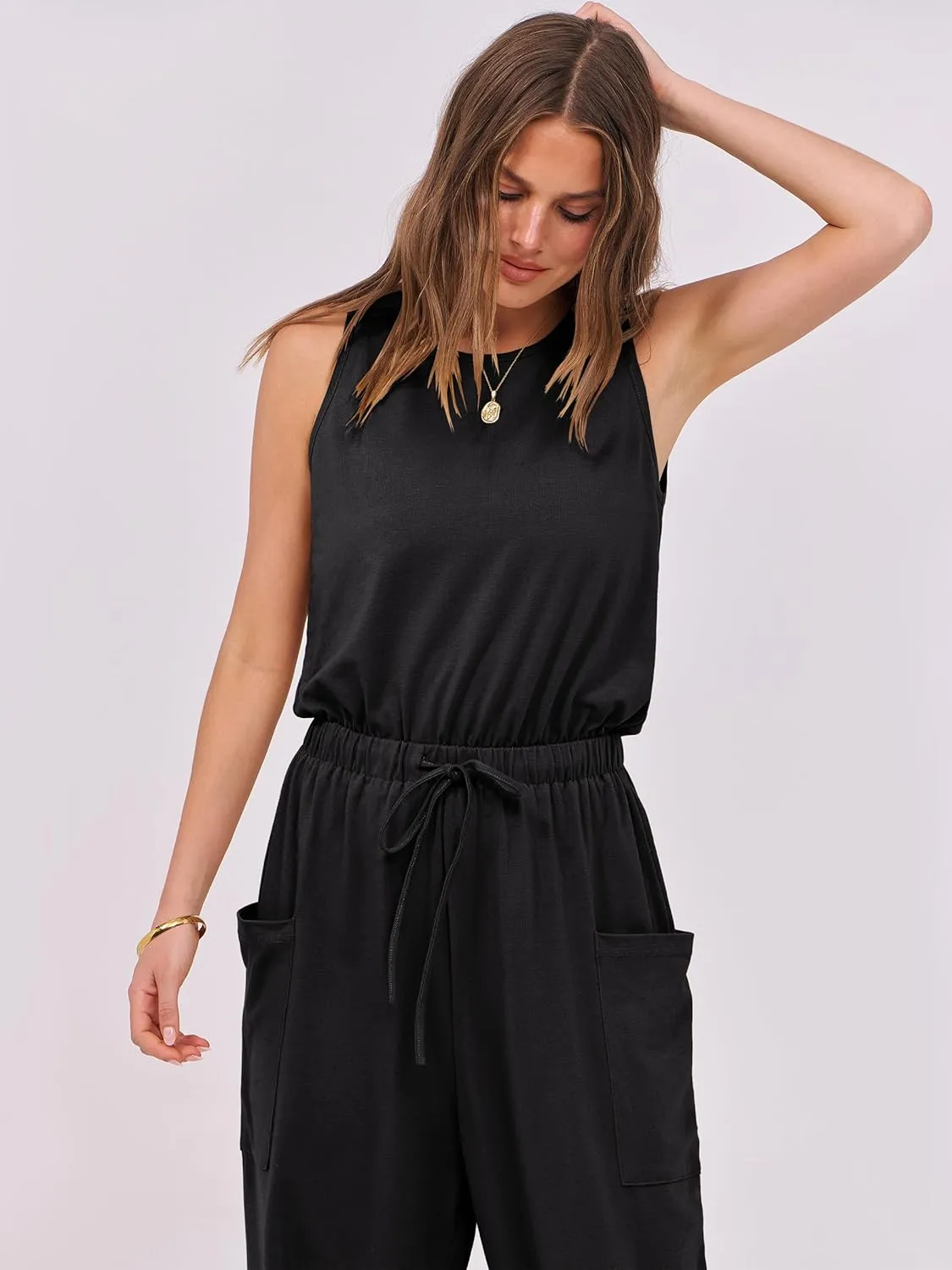 ANRABESS Women's Summer Jumpsuits Dressy Casual One Piece Outfits Sleeveless Crewneck Rompers Jumper with Pockets 2025 Trendy