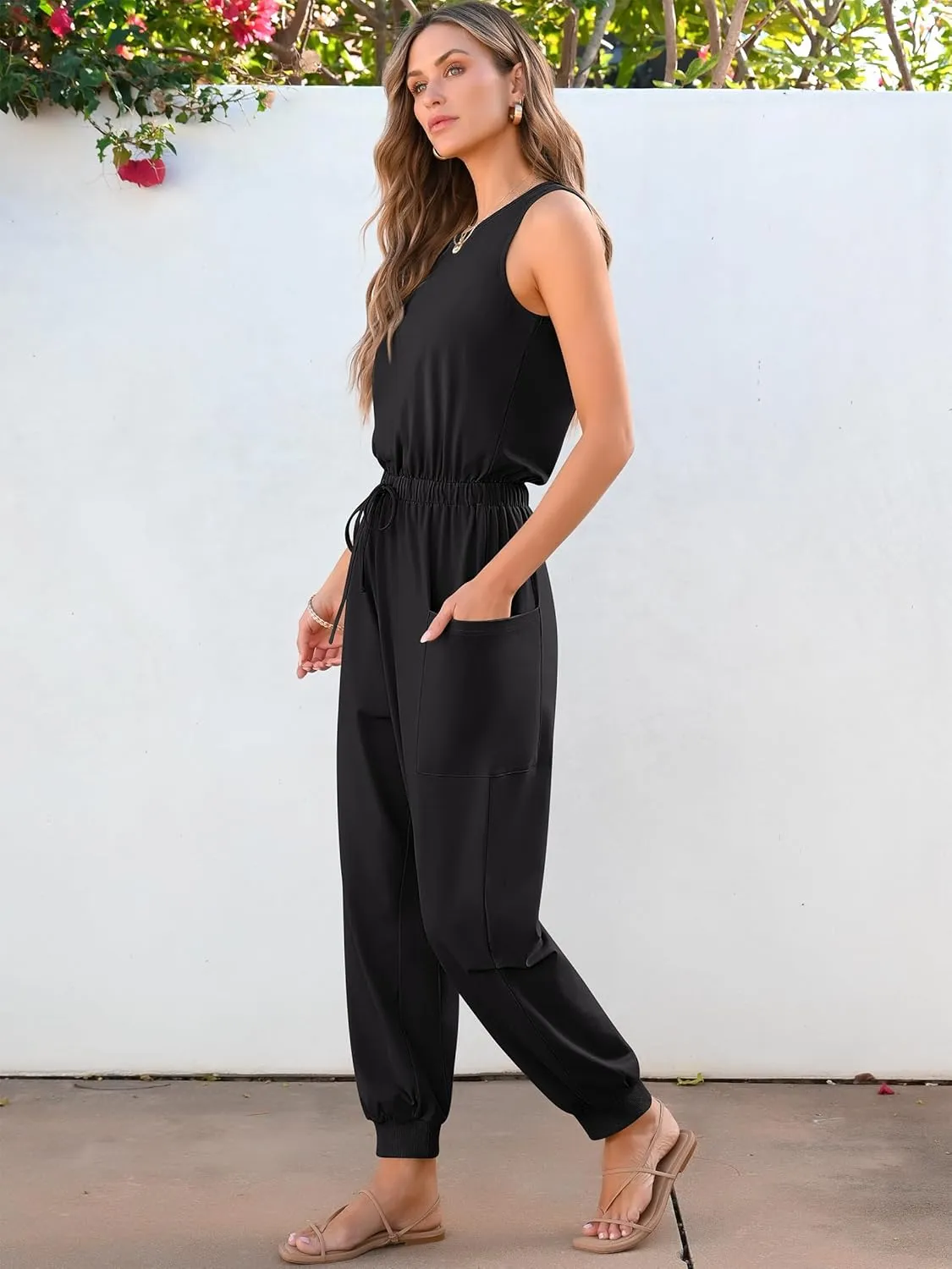 ANRABESS Women's Summer Jumpsuits Dressy Casual One Piece Outfits Sleeveless Crewneck Rompers Jumper with Pockets 2025 Trendy