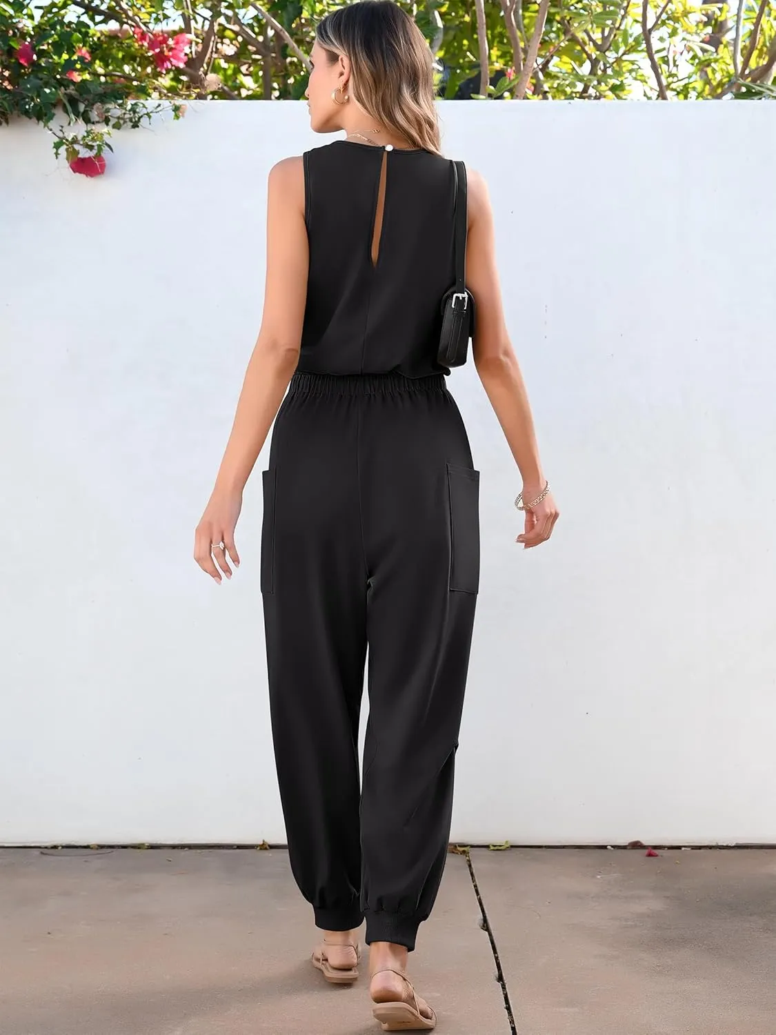 ANRABESS Women's Summer Jumpsuits Dressy Casual One Piece Outfits Sleeveless Crewneck Rompers Jumper with Pockets 2025 Trendy