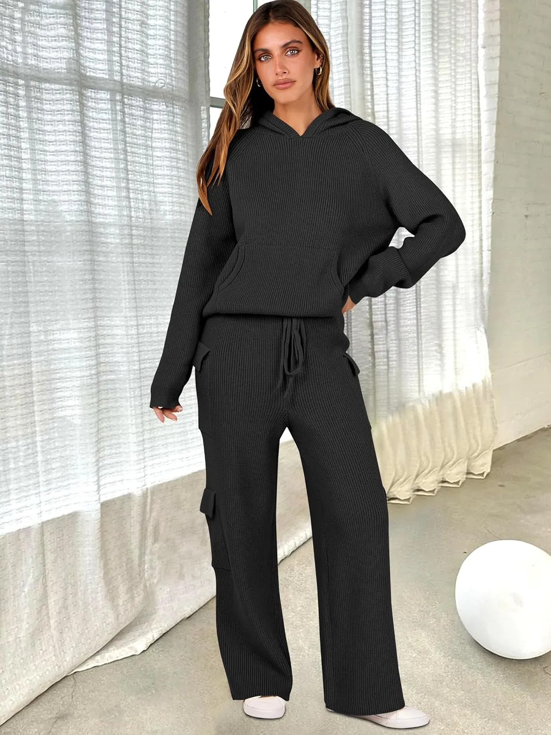 ANRABESS Womens Two Piece Outfits Casual Knit Hooded Sweater Straight Leg Pants Set 2025 Fall Lounge Travel Clothes
