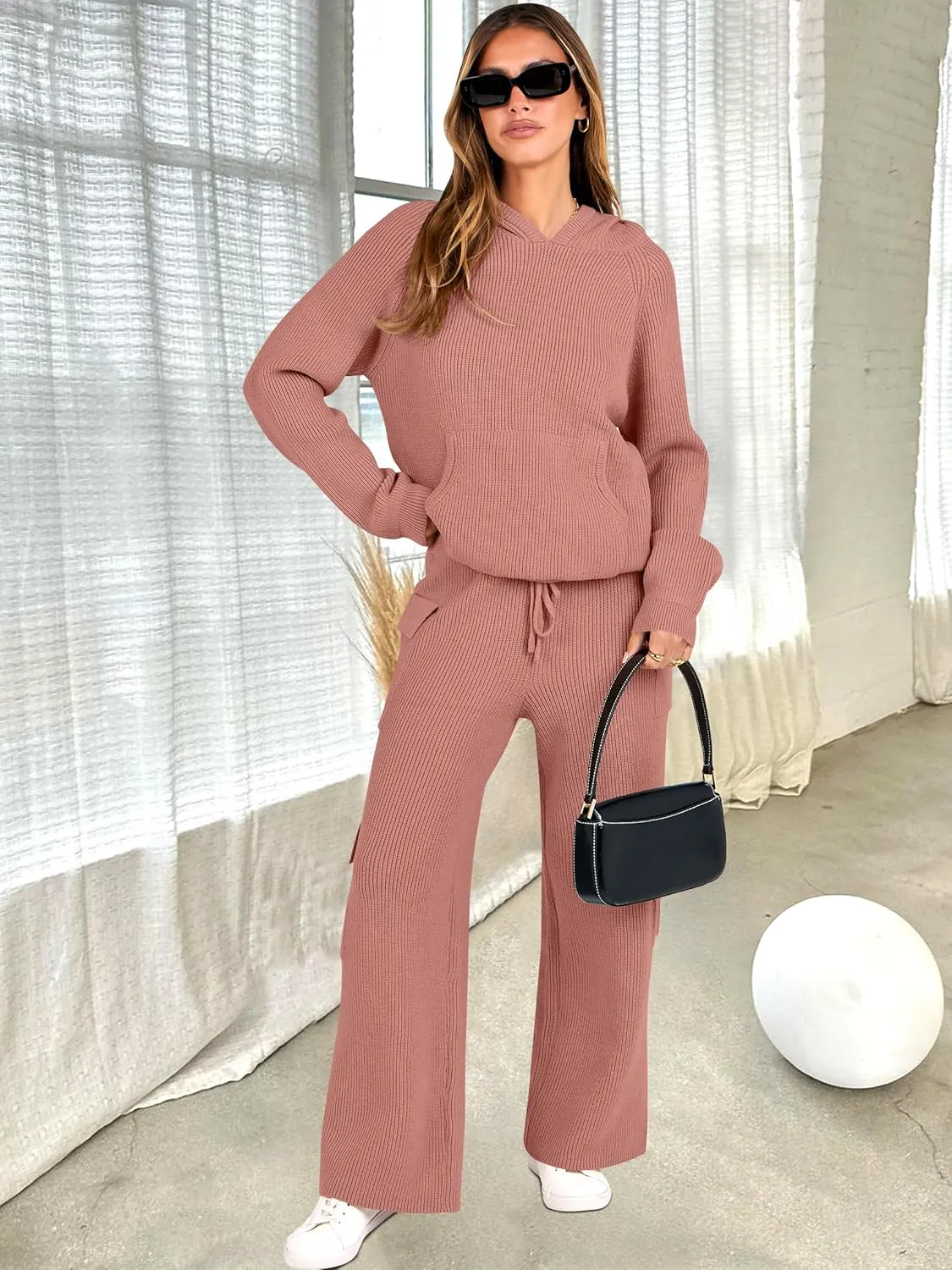 ANRABESS Womens Two Piece Outfits Casual Knit Hooded Sweater Straight Leg Pants Set 2025 Fall Lounge Travel Clothes