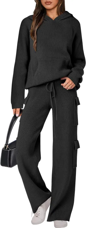 ANRABESS Womens Two Piece Outfits Casual Knit Hooded Sweater Straight Leg Pants Set 2025 Fall Lounge Travel Clothes