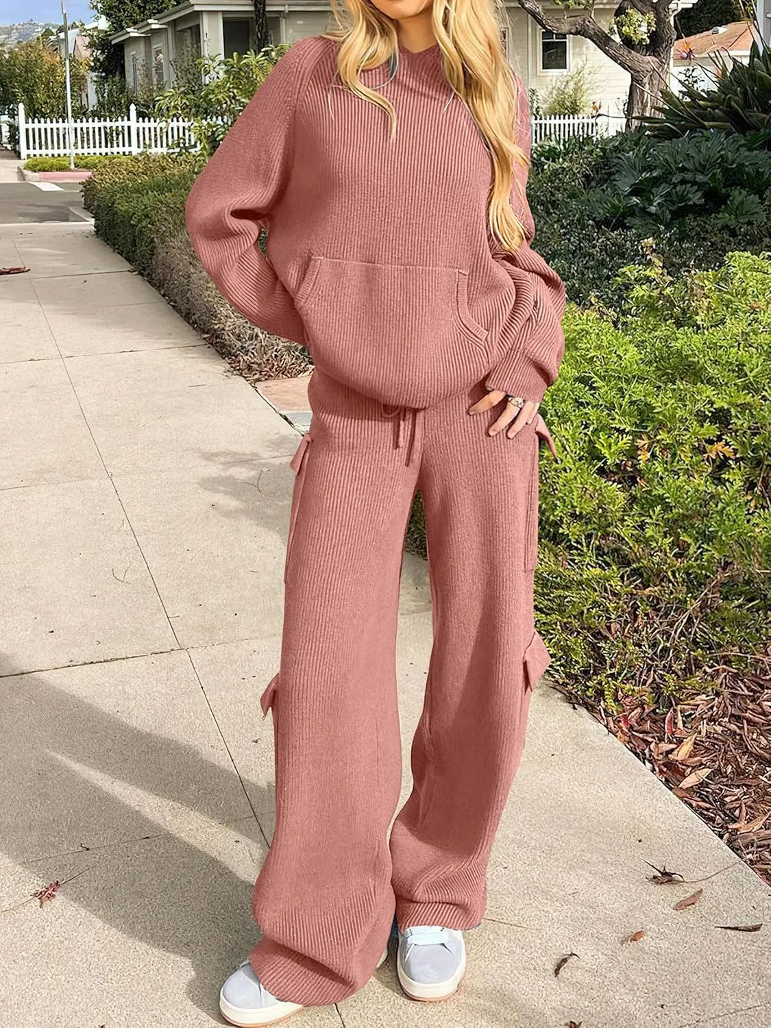 ANRABESS Womens Two Piece Outfits Casual Knit Hooded Sweater Straight Leg Pants Set 2025 Fall Lounge Travel Clothes