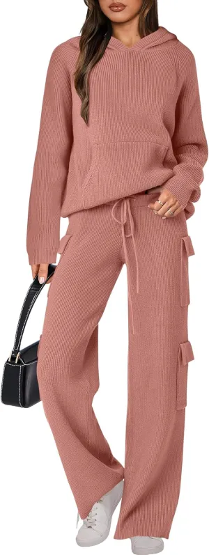 ANRABESS Womens Two Piece Outfits Casual Knit Hooded Sweater Straight Leg Pants Set 2025 Fall Lounge Travel Clothes