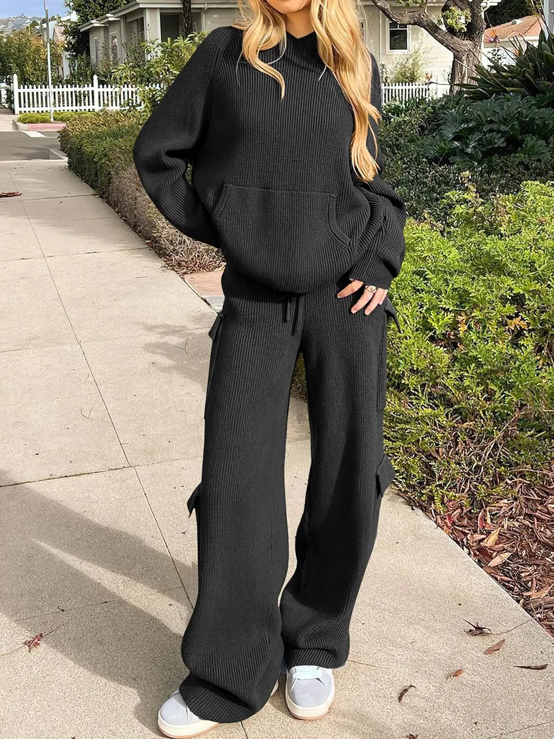 ANRABESS Womens Two Piece Outfits Casual Knit Hooded Sweater Straight Leg Pants Set 2025 Fall Lounge Travel Clothes