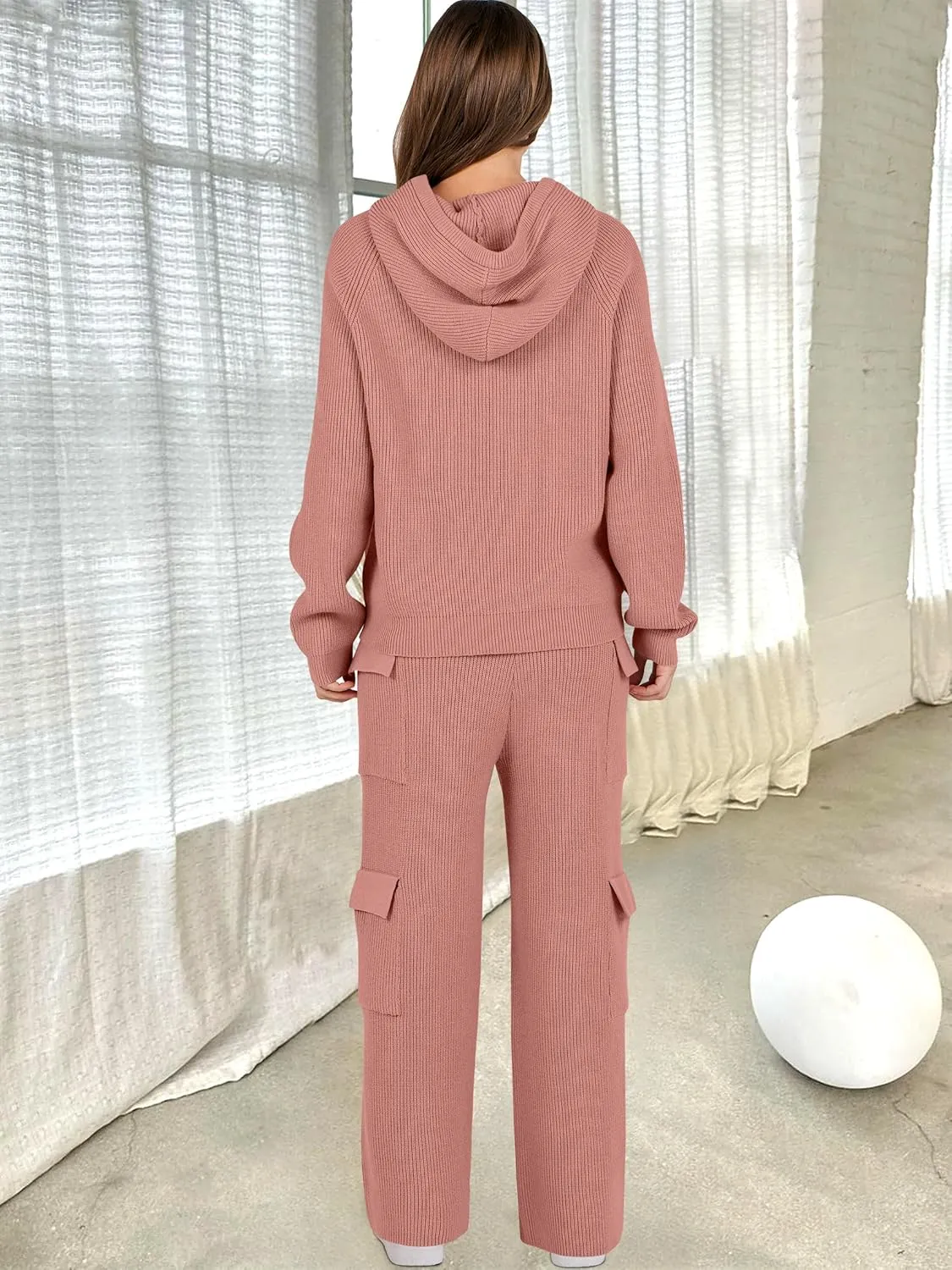 ANRABESS Womens Two Piece Outfits Casual Knit Hooded Sweater Straight Leg Pants Set 2025 Fall Lounge Travel Clothes