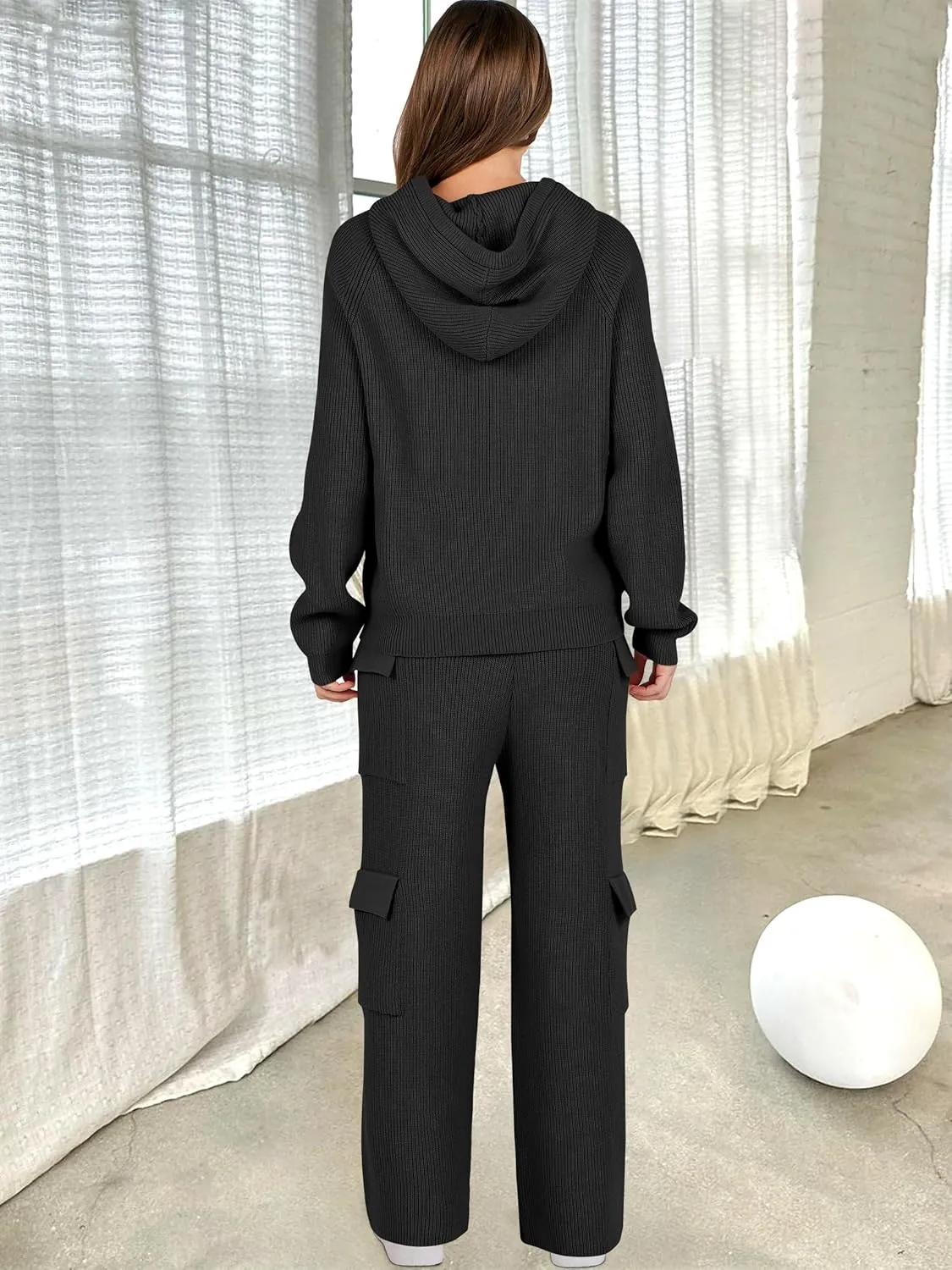 ANRABESS Womens Two Piece Outfits Casual Knit Hooded Sweater Straight Leg Pants Set 2025 Fall Lounge Travel Clothes