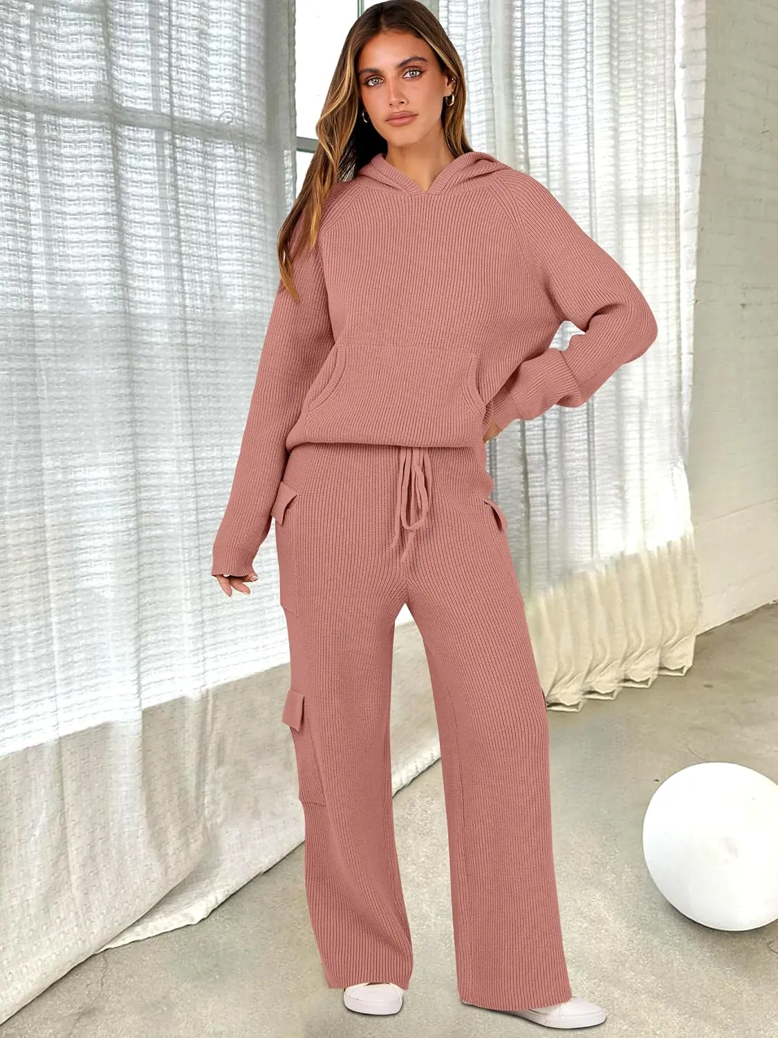 ANRABESS Womens Two Piece Outfits Casual Knit Hooded Sweater Straight Leg Pants Set 2025 Fall Lounge Travel Clothes