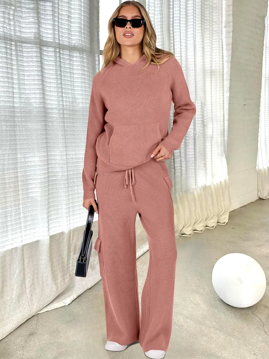 ANRABESS Womens Two Piece Outfits Casual Knit Hooded Sweater Straight Leg Pants Set 2025 Fall Lounge Travel Clothes