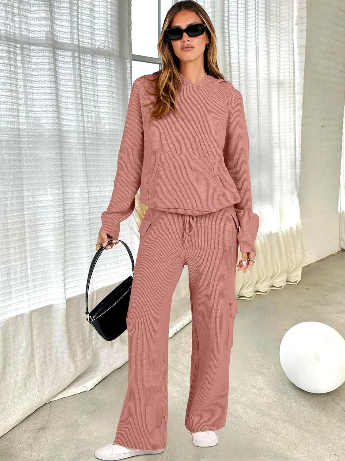 ANRABESS Womens Two Piece Outfits Casual Knit Hooded Sweater Straight Leg Pants Set 2025 Fall Lounge Travel Clothes