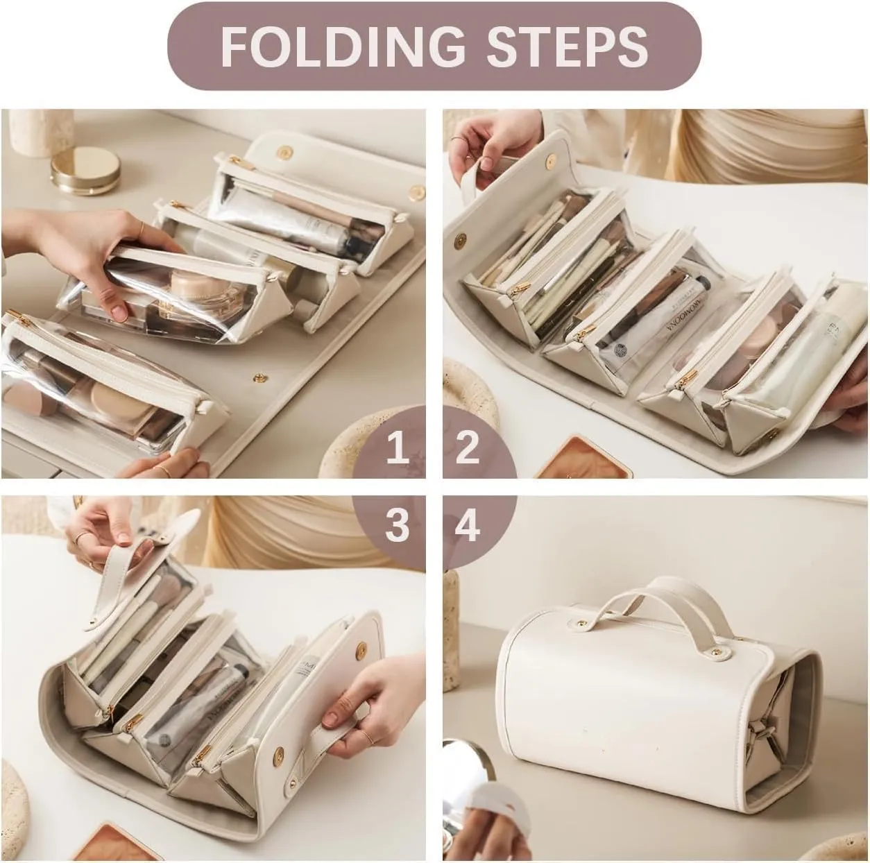 Basic-Chic Makeup Bag,Waterproof Cosmetic Bags for Women,Leather Waterproof Cosmetic Bag Detachable 4 in 1,Foldable Cosmetic Travel Bag,Women Travel Size Toiletries,Makeup Bag with Compartment (#E)