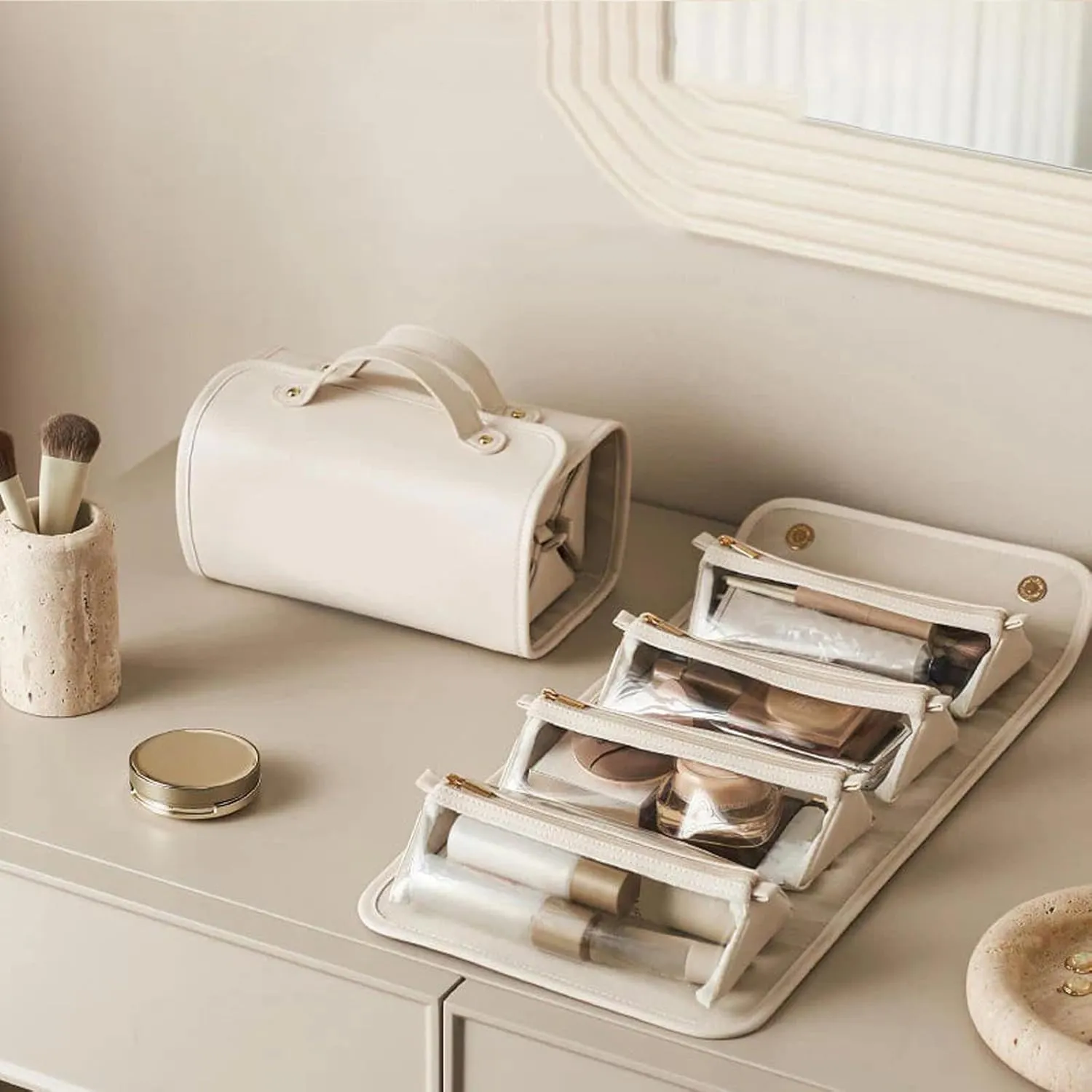 Basic-Chic Makeup Bag,Waterproof Cosmetic Bags for Women,Leather Waterproof Cosmetic Bag Detachable 4 in 1,Foldable Cosmetic Travel Bag,Women Travel Size Toiletries,Makeup Bag with Compartment (#E)
