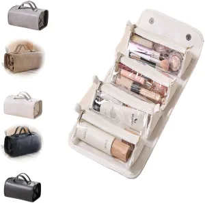 Basic-Chic Makeup Bag,Waterproof Cosmetic Bags for Women,Leather Waterproof Cosmetic Bag Detachable 4 in 1,Foldable Cosmetic Travel Bag,Women Travel Size Toiletries,Makeup Bag with Compartment (#E)