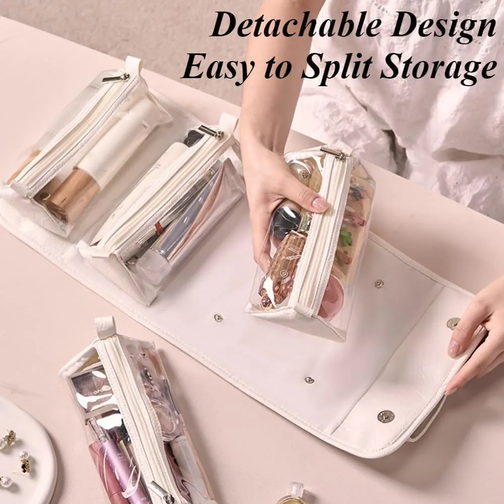 Basic-Chic Makeup Bag,Waterproof Cosmetic Bags for Women,Leather Waterproof Cosmetic Bag Detachable 4 in 1,Foldable Cosmetic Travel Bag,Women Travel Size Toiletries,Makeup Bag with Compartment (#E)