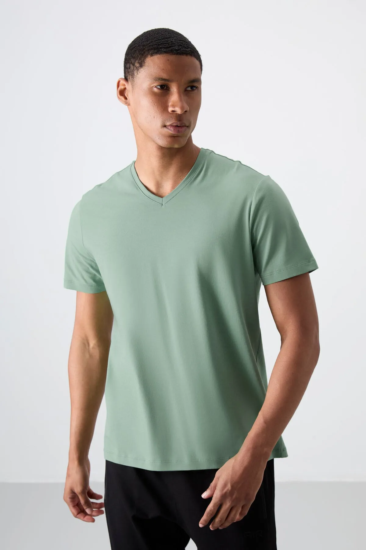 basic kisa kol standart kalip v yaka erkek t-shirt - 87912