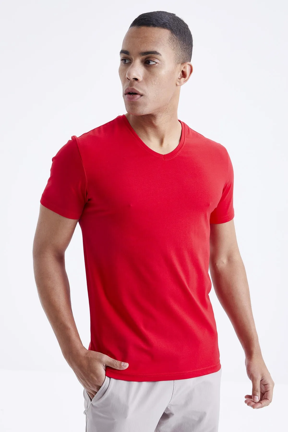 basic kisa kol standart kalip v yaka erkek t-shirt - 87912