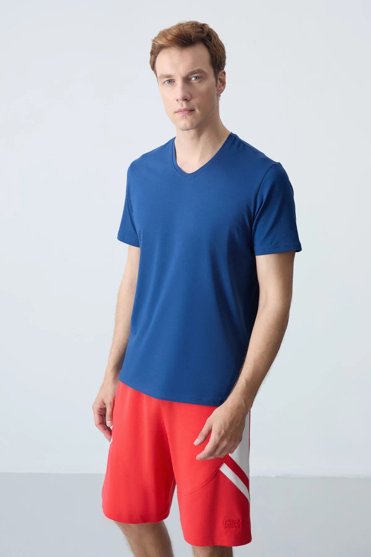 basic kisa kol standart kalip v yaka erkek t-shirt - 87912