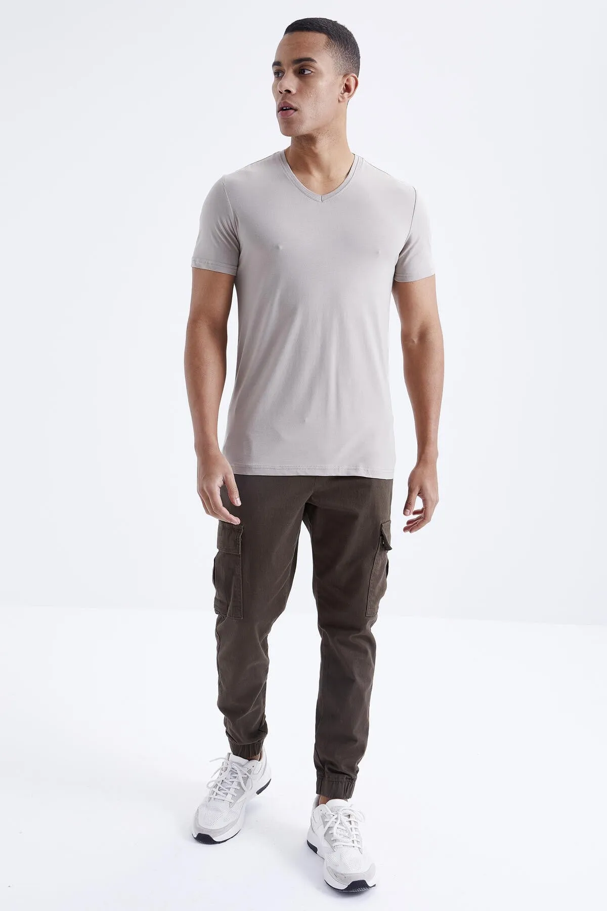 basic kisa kol standart kalip v yaka erkek t-shirt - 87912