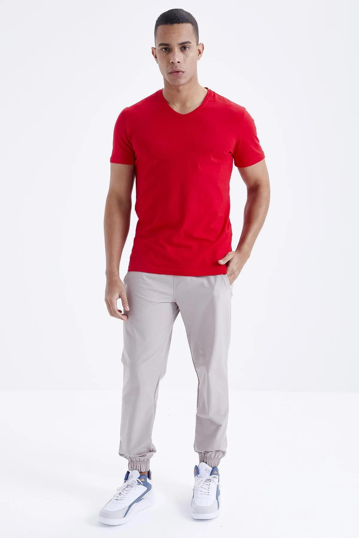 basic kisa kol standart kalip v yaka erkek t-shirt - 87912