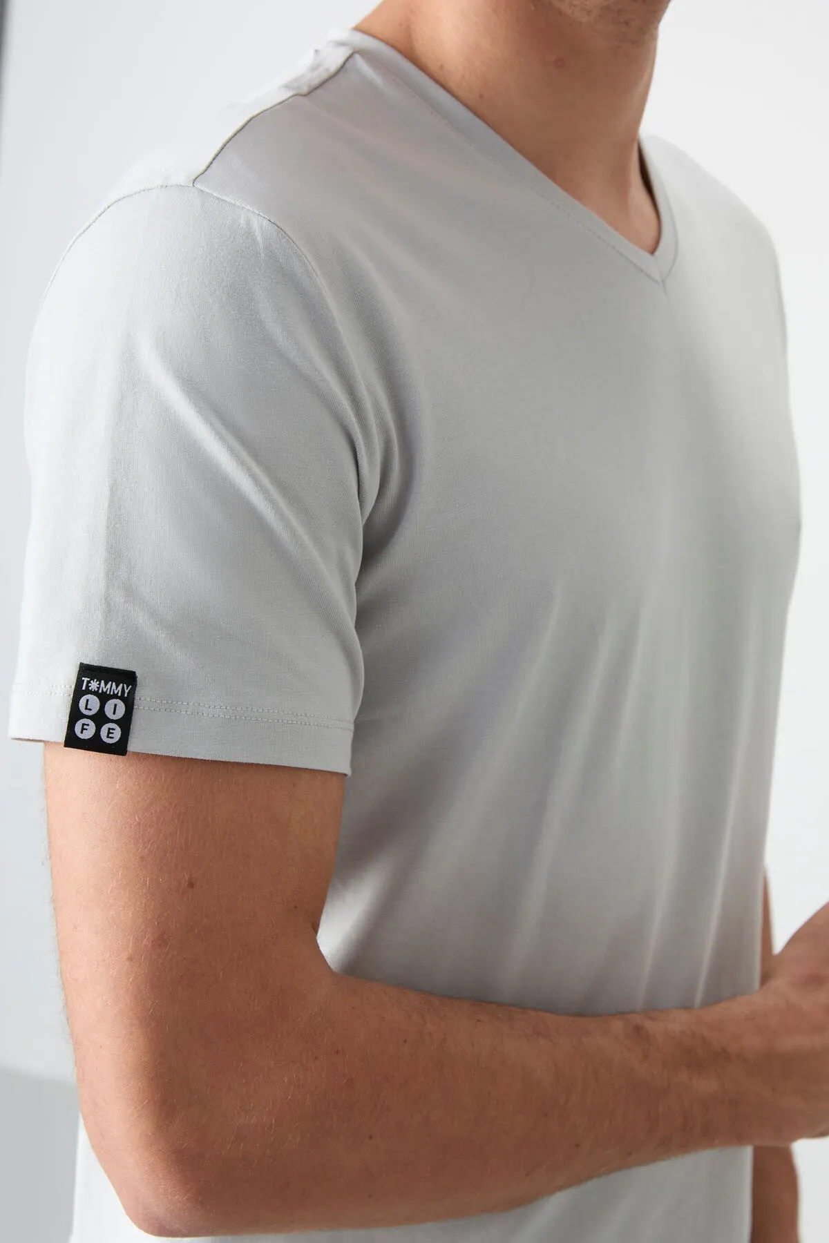 basic kisa kol standart kalip v yaka erkek t-shirt - 87912