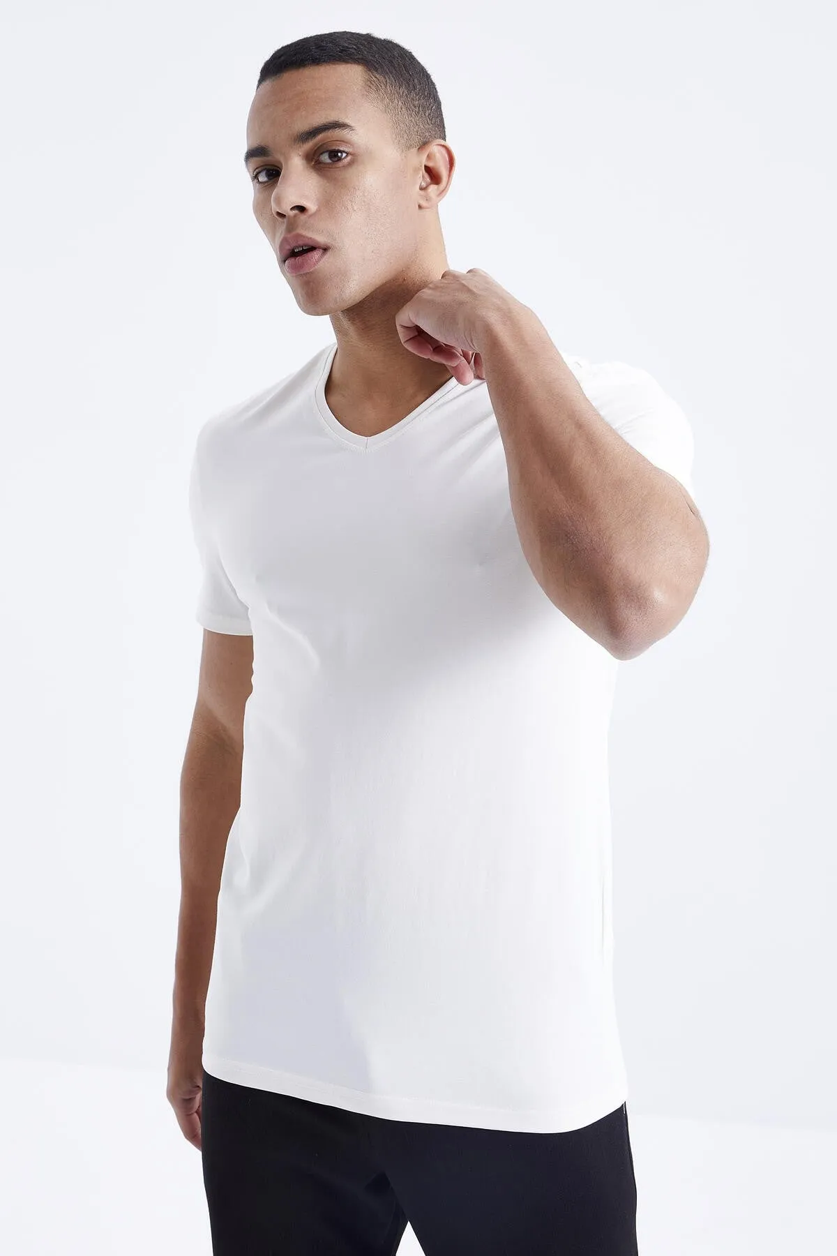 basic kisa kol standart kalip v yaka erkek t-shirt - 87912