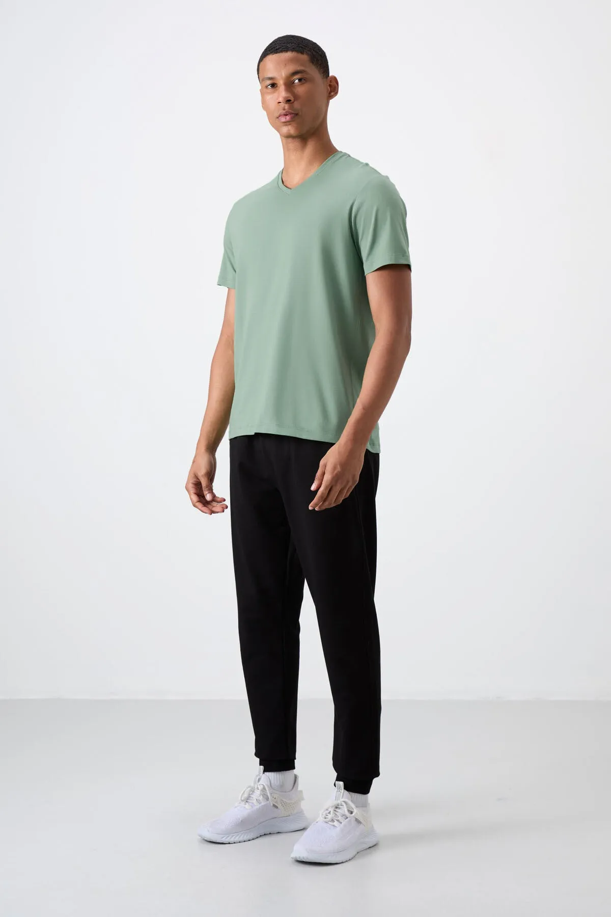 basic kisa kol standart kalip v yaka erkek t-shirt - 87912