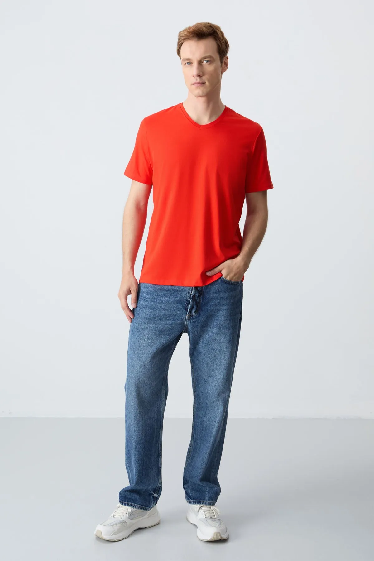 basic kisa kol standart kalip v yaka erkek t-shirt - 87912