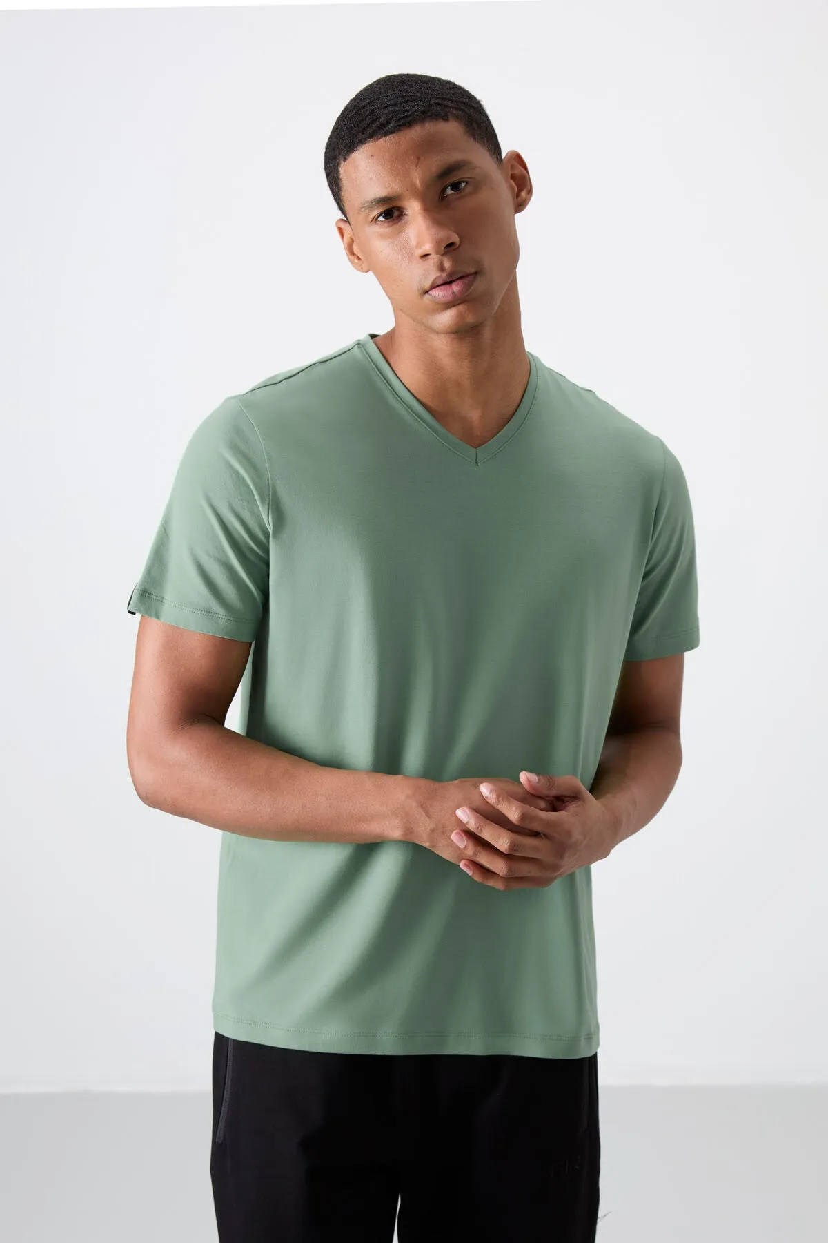 basic kisa kol standart kalip v yaka erkek t-shirt - 87912