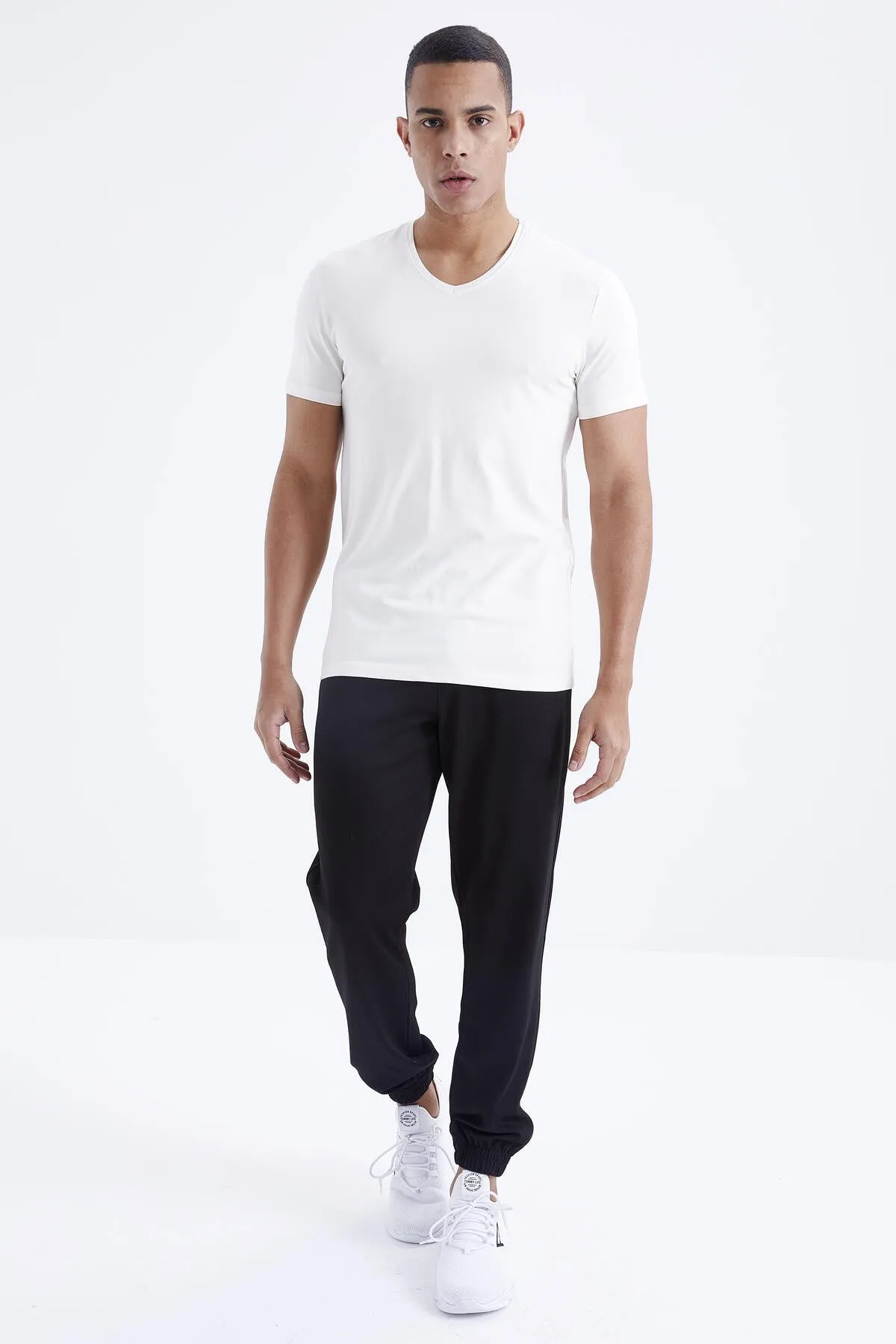 basic kisa kol standart kalip v yaka erkek t-shirt - 87912