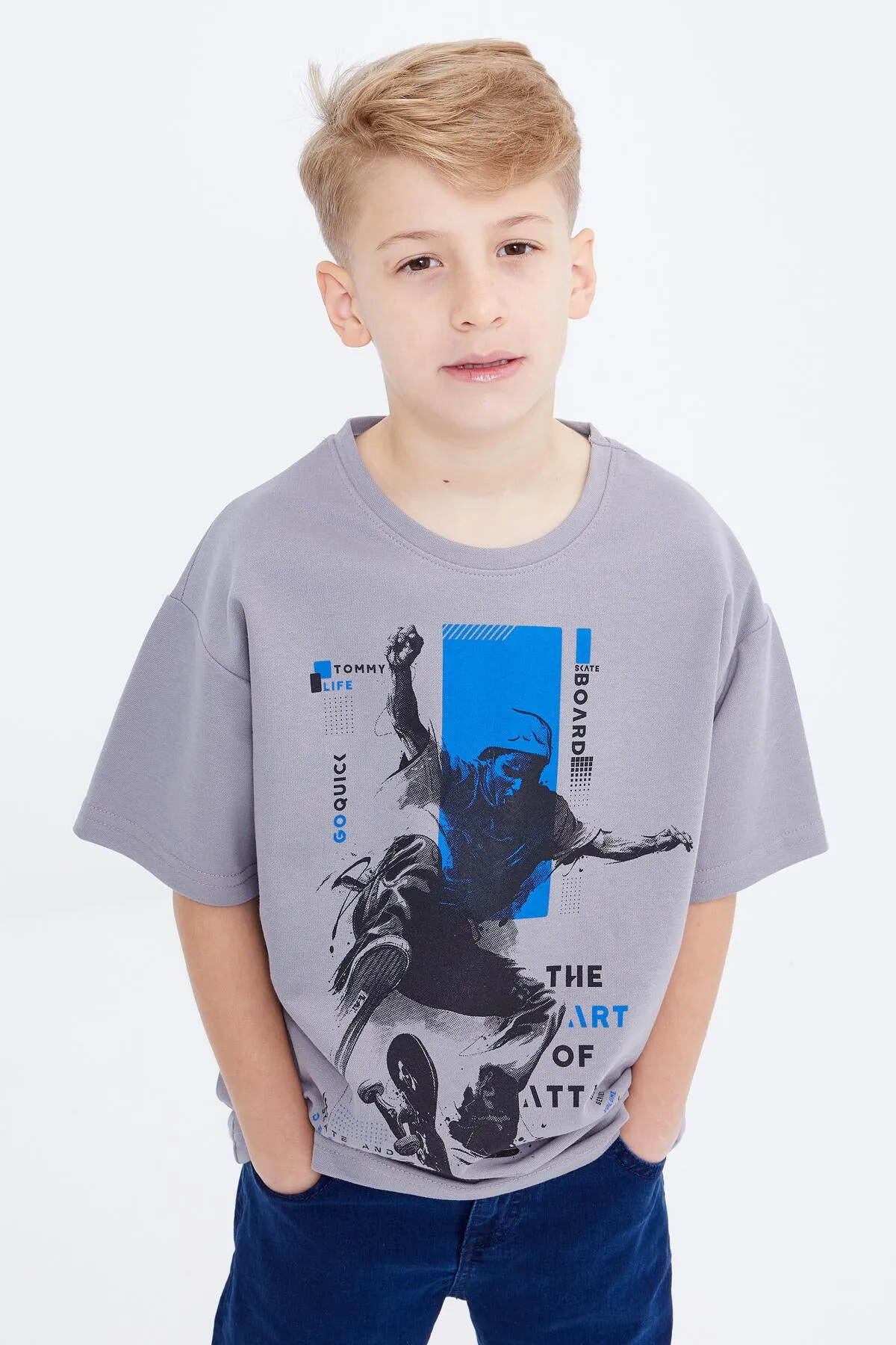 baskili kisa kollu o yaka erkek çocuk t-shirt - 10912