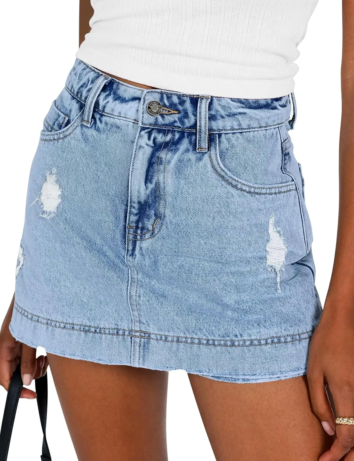 BISUAL Denim Skort for Women High Waist Ripped Mini Denim Skirt Casual Distressed Stretch Women Jean Skirt